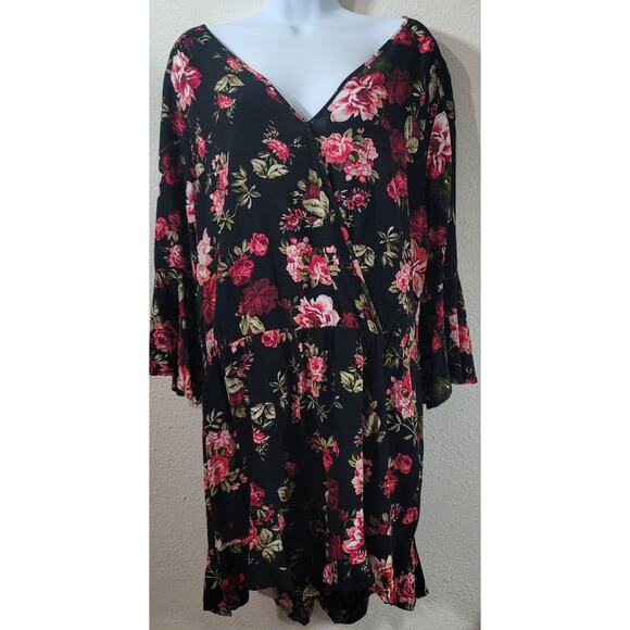 Ambiance Pants - Ambiance Black Pink Red Flora Print Romper 3X Plus Ruffle Bell Sleeves Soft
